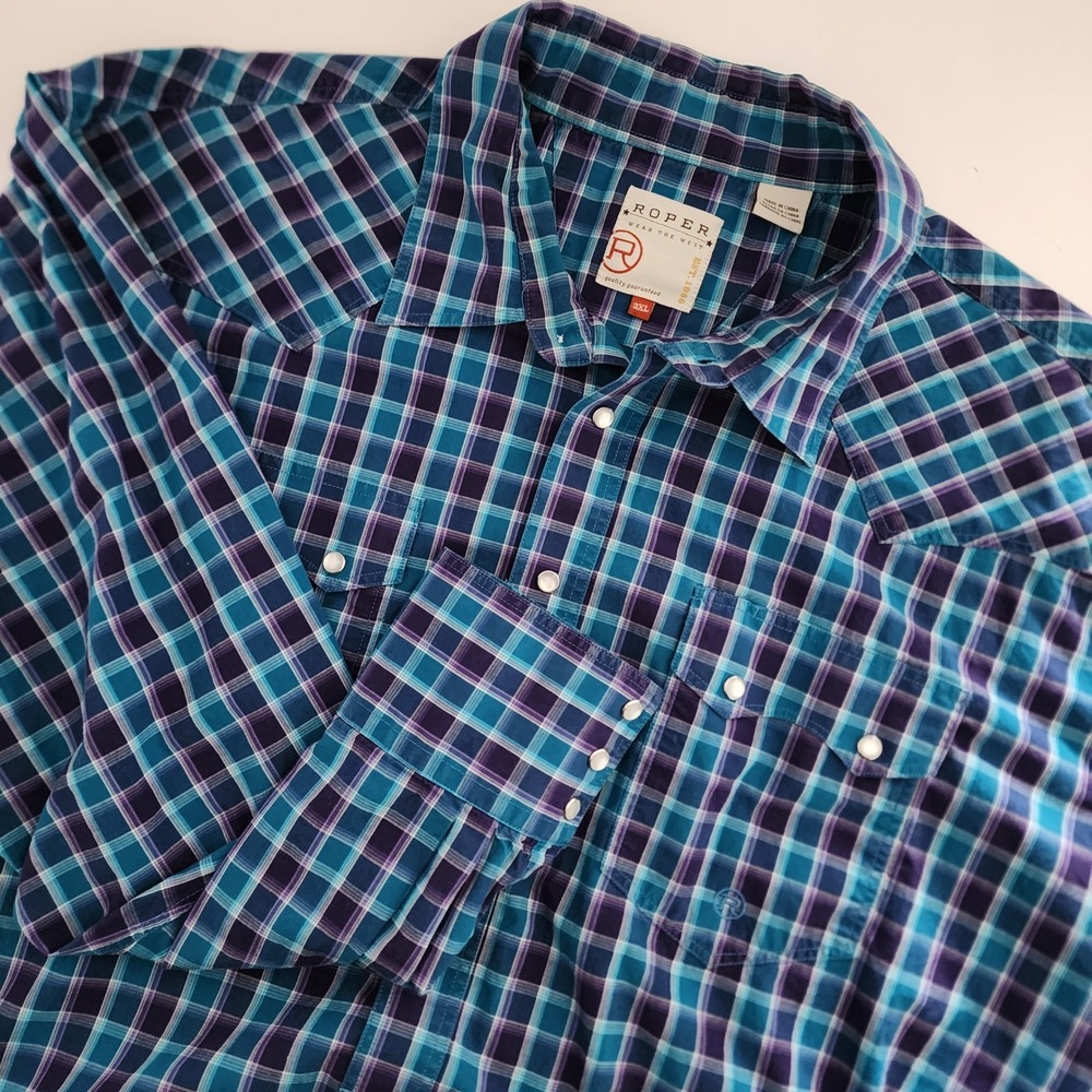 Roper Men's 2XL Plaid Western Pearl Snap Front Long Sleeve Shirt Blue Purple